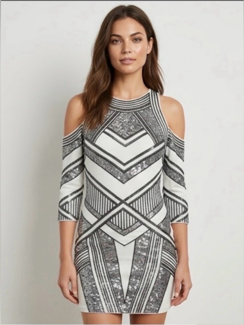 NWT Express White & Silver Geometric Cold-Shoulder Sequin Mini Dress
